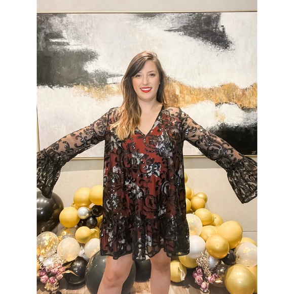 FREE PEOPLE Falling Flowers Frock Mini Dress Black Red Sequins Cocktail Small - Picture 1 of 7
